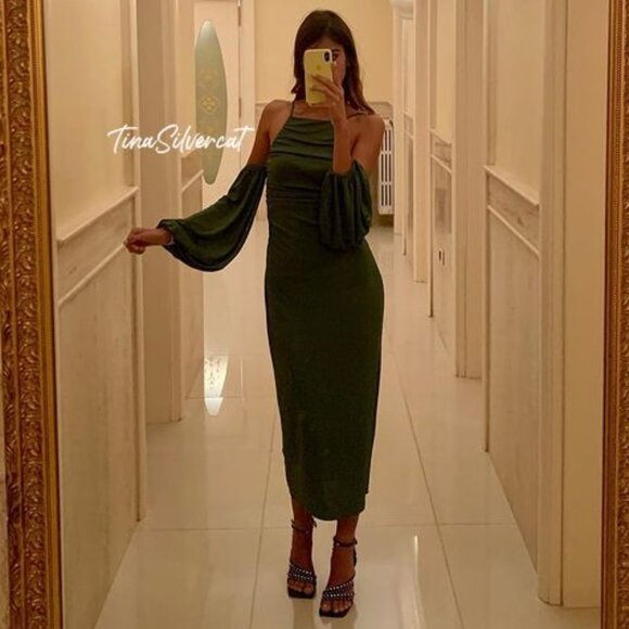 BLOGGER'S FAVE! Zara Long Dress With Gathered Details Green Sz S NWT - Picture 7 of 17